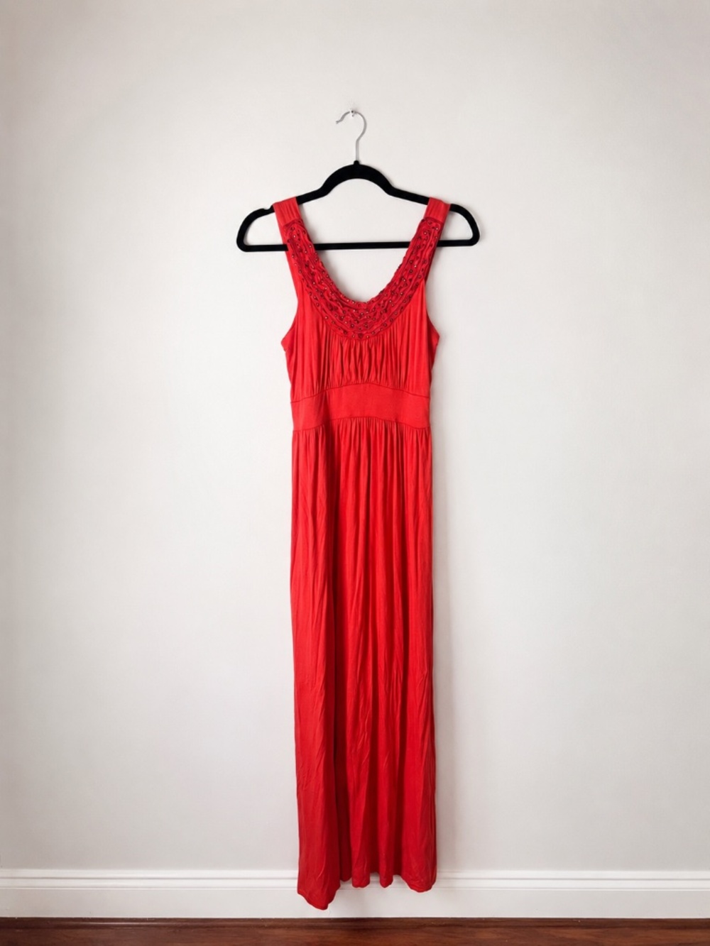 Soprano Beaded Maxi Dress Red Orange Sleeveless Boho Empire Waist M